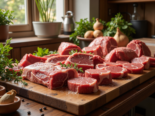 新鲜肉类展示,整齐切割的肉块摆放在托盘上,色泽鲜红